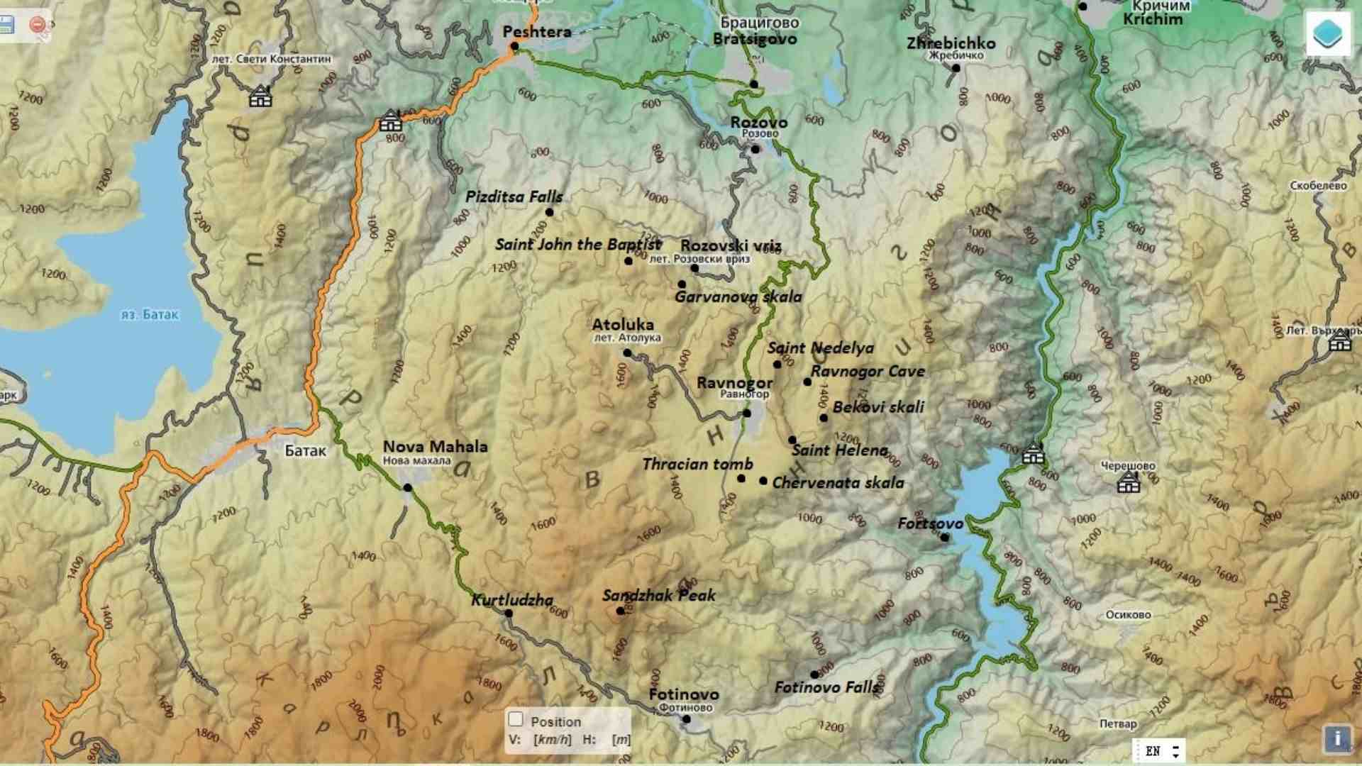 Map of Ravnogor Range of Rhodope Mountains