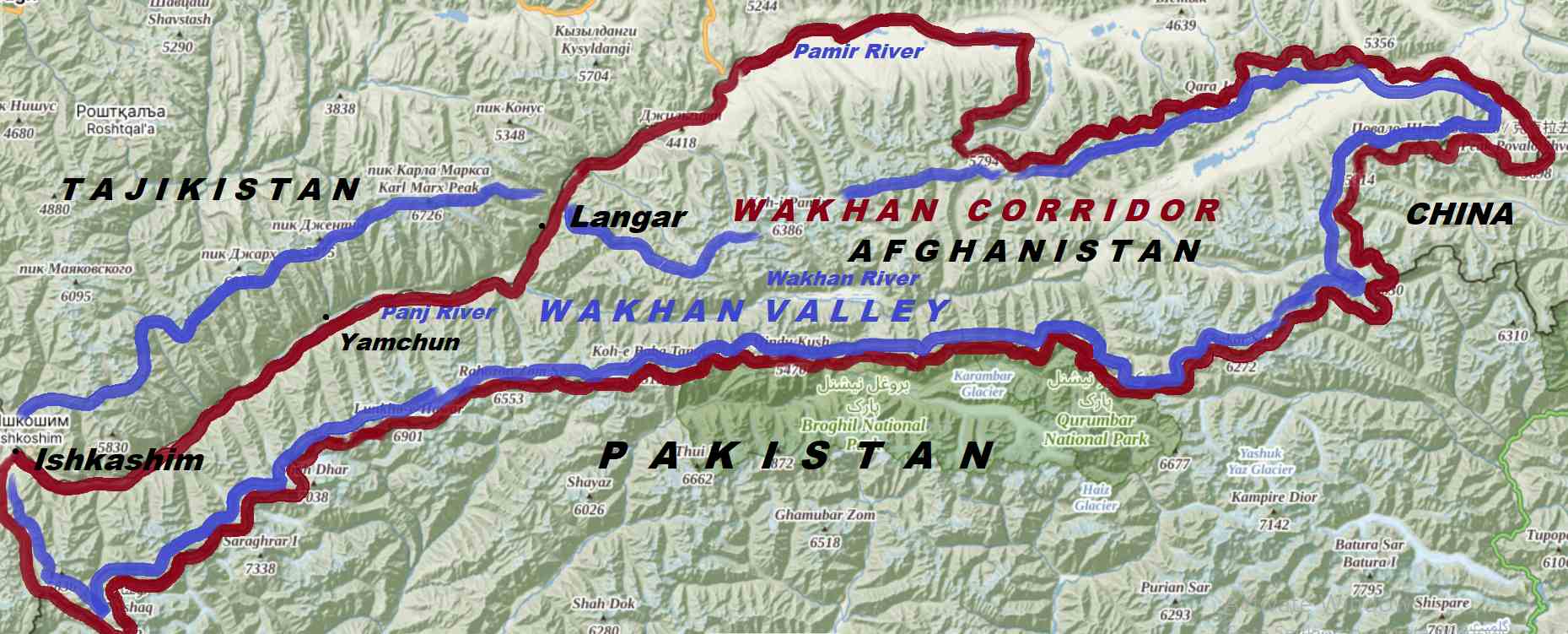 A map of the Wakhan Valley and Wakhan Corridor
