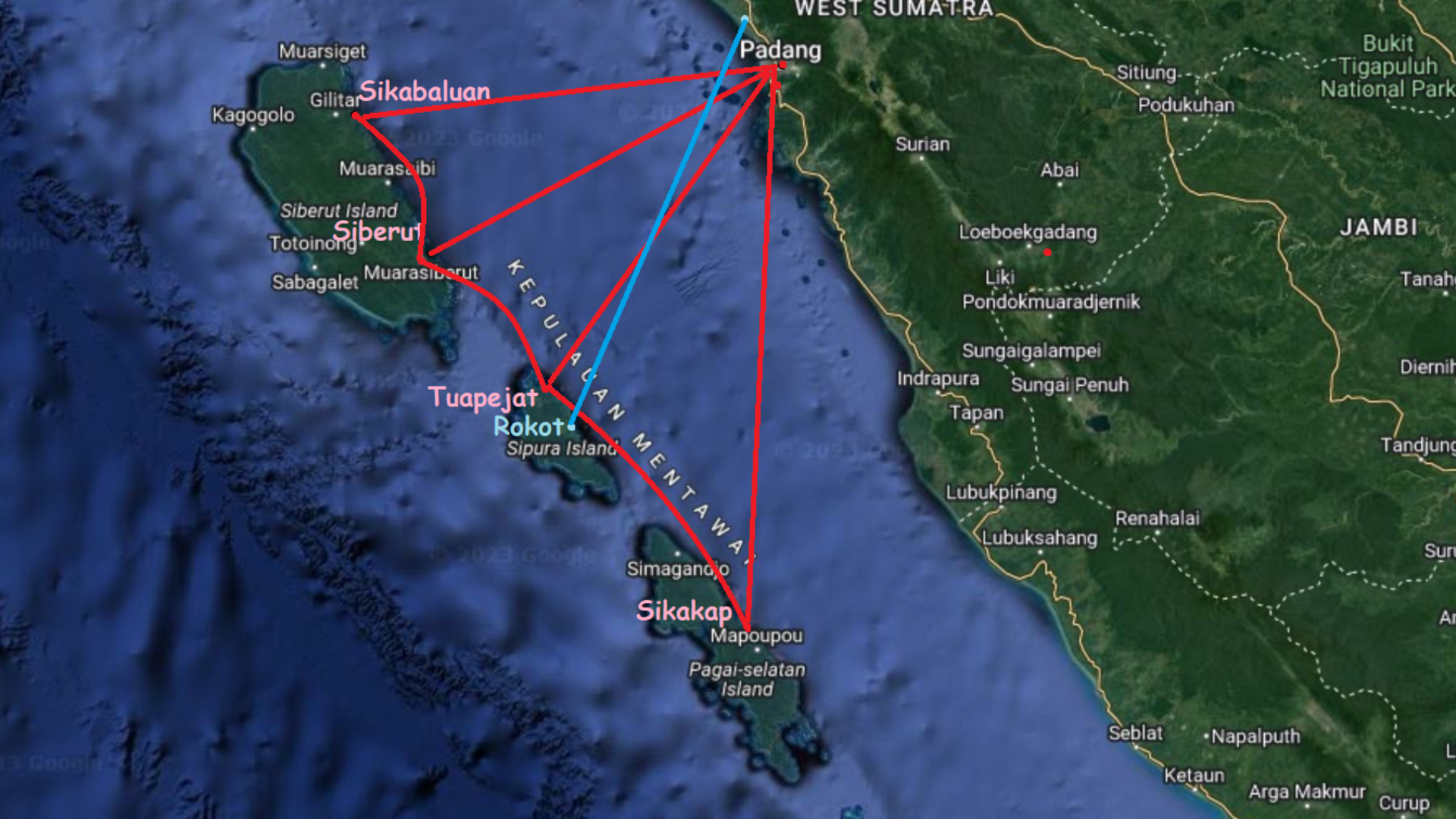 Map of the Mentawai Islands and the main ferry and air routes